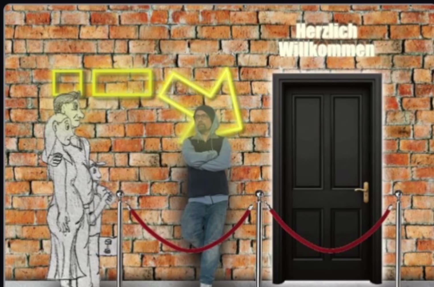 Illustration: Eingang mit roter Kordelabsperrung, Neonschriftzug „Herzlich Willkommen“ und einer verschlossenen Tür — führt zum Galeriebuch